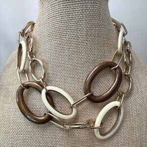 Banana Republic Long Gold-Tone Chain Link Necklace With Cream & Brown Accents